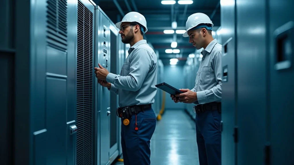 Engineers and technicians inspecting an HVAC unit to address common facility equipment failures, modern facility interior, photorealistic, high depth of field, visible machinery and digital tablets, cool blue and neutral tones