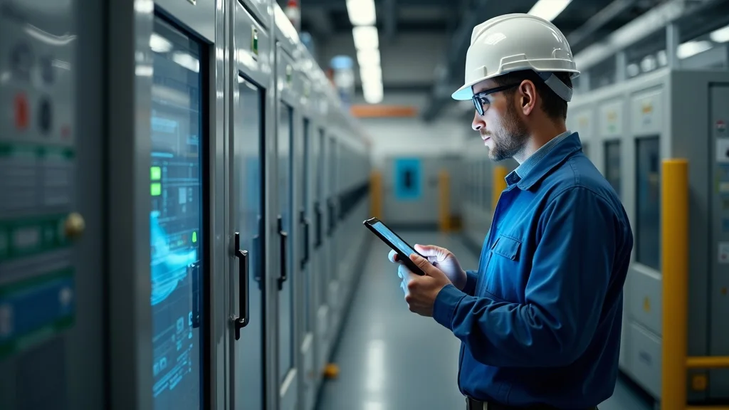 Facility manager reviewing digital maintenance checklist to avoid equipment failures, photorealistic, machinery, organized maintenance room, visible safety labels