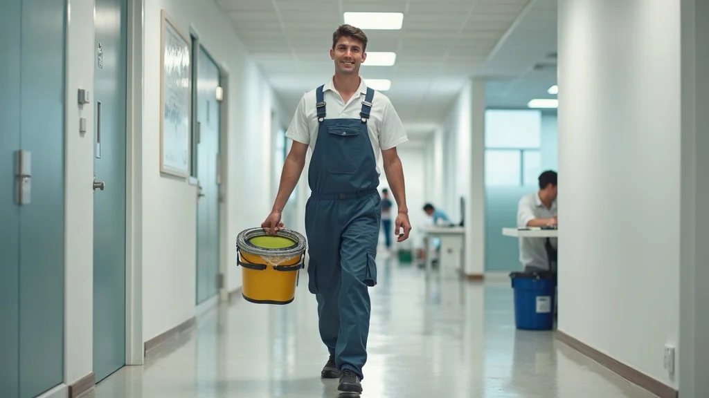 Courteous commercial painter walking through a tenant-occupied office workspace, demonstrating disruption-minimizing painting practices in commercial repaint services