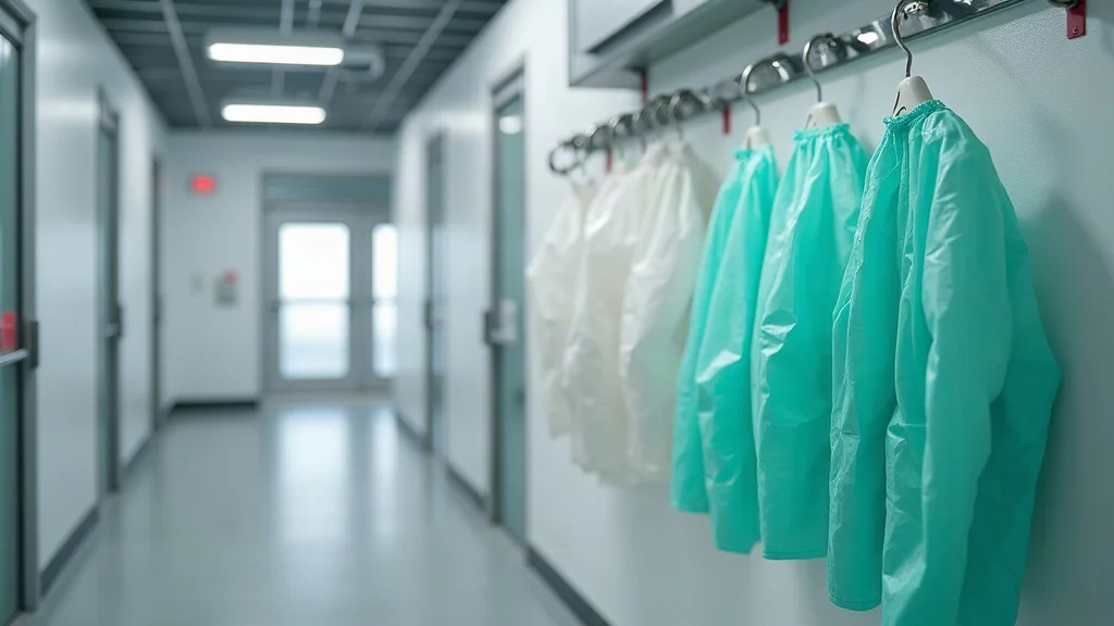 Biotech facility safety protocols: Commercial painting biotech signage and PPE station at a cleanroom entrance with painting in background.