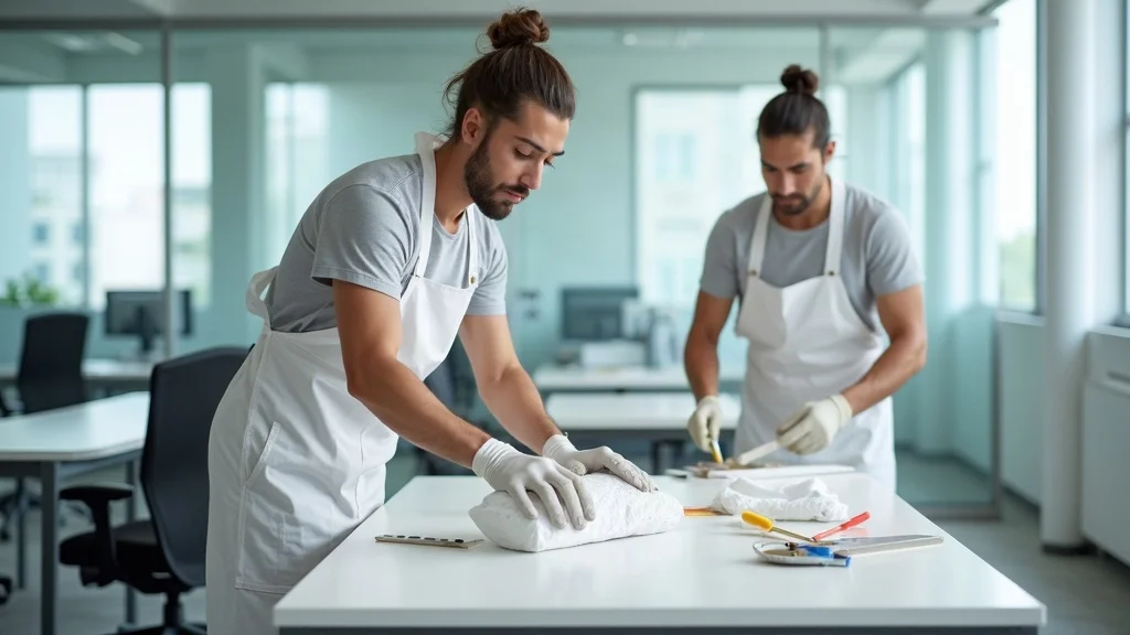Professional commercial painters prepping an office workspace, carefully covering office furniture in a tenant-occupied office, demonstrating best practices in commercial repaint services