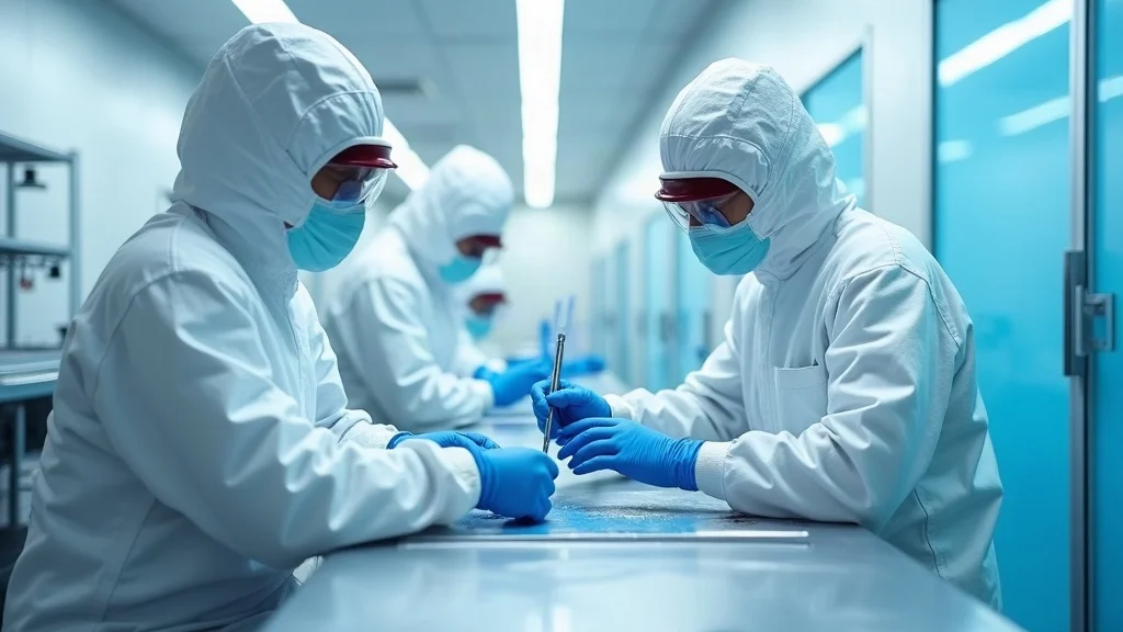 Professional commercial painting biotech cleanroom solutions: Painters in cleanroom suits apply epoxy paint in a high-tech biotech facility, ensuring compliance and safety.