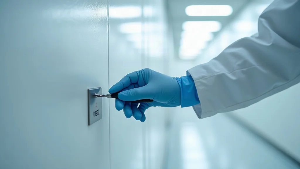 Detail of VOC-compliant commercial painting biotech processes: Gloved hand tests paint adhesion on sterile epoxy-coated wall in a spotless biotech facility cleanroom.