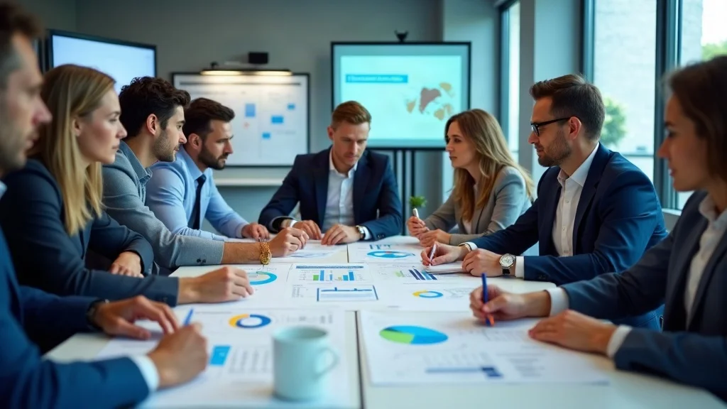 Professional review meeting with facility managers analyzing performance charts - best practices for facility asset management