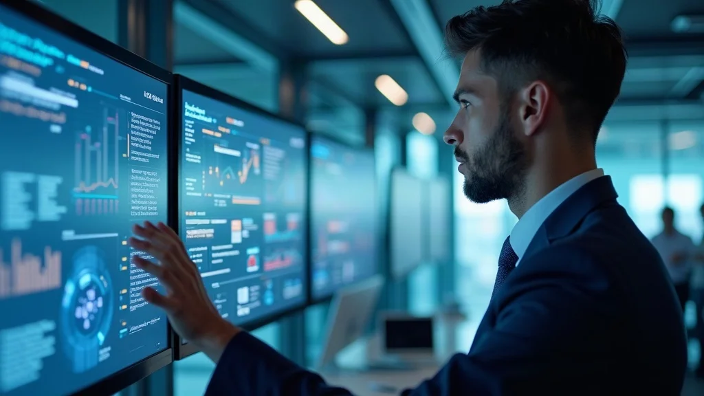 Modern facility manager in a clean, contemporary building control center interacting with advanced digital dashboards - best practices for facility asset management