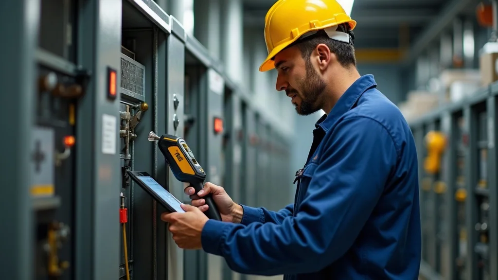 Technician performing preventive maintenance using digital inspection tool on HVAC equipment - best practices for facility asset management