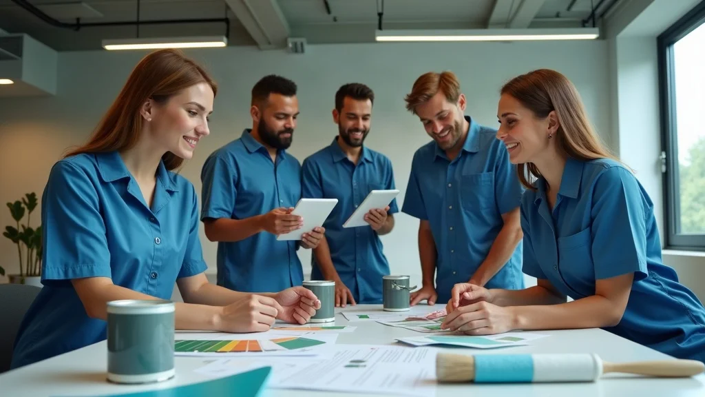 Commercial painting crew reviewing plans in a modern conference space, highlighting Arthur Cole Painting Corporation’s quality and sustainability commitment in commercial repaint services