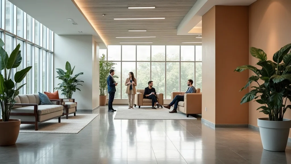 Modern office lobby with freshly painted walls exemplifying the benefits and results of commercial repaint services for tenant-occupied spaces