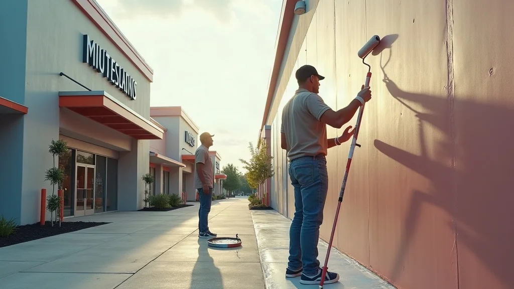 Professional commercial repaint services in progress on a modern retail center exterior, with painting team applying fresh paint to building surfaces and landscaped walkways